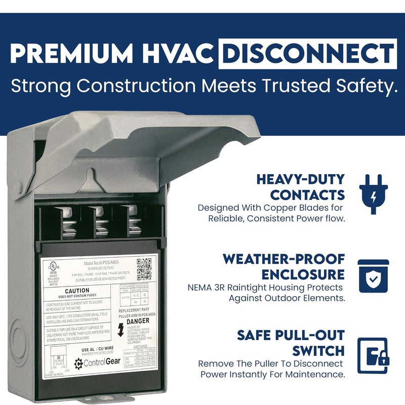 ControlGear 30 Amp Pullout FUSIBLE Disconnect Switch, Brand 240V NEMA 3R Outdoor Metallic Enclosure for HVAC Systems, UL Certified, Single Phase Two Wire (fuses NOT Included) - Image 3